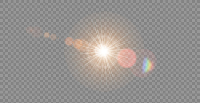 Vector transparent sunlight with lens flare effect. Overlays, light, Sun, sunrays, overlays, light transitions, lens flare, light leaks and glare in PNG format.
