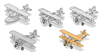 Isometric collection of vintage biplanes and classic aircraft © hafis