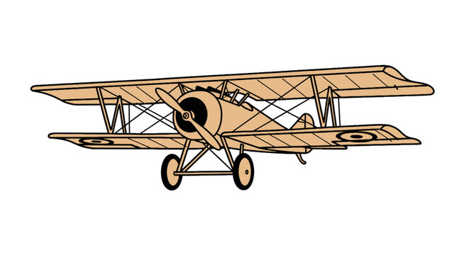 Classic vintage biplane with tan wings and wooden propeller