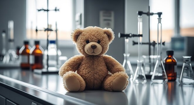 A plush teddy bear sits centered on a lab bench amidst beakers and scientific equipment