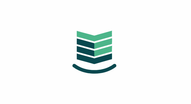 Minimalist green chevron stack logo icon with curved line base on white background.