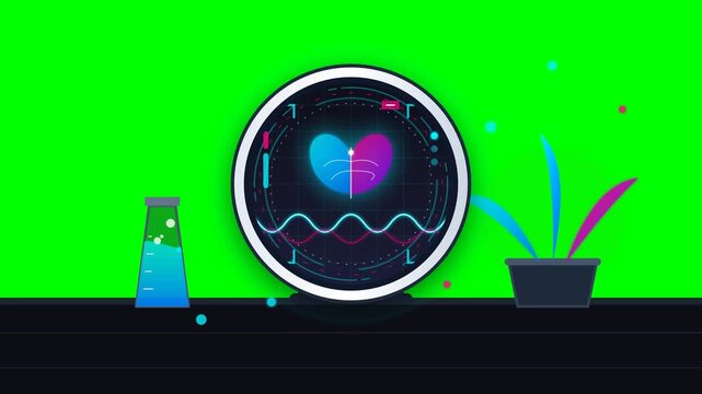 Heart Monitor EKG Display with Laboratory Flask and Plant on Green Screen for Medical Research.. 4k Footage SVG Loop Animation