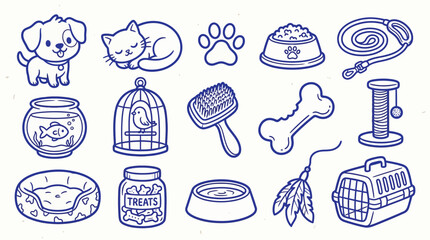 Fototapeta premium Cute cartoon collection of pet care items and accessories, including a dog, cat, fishbowl, and toys.