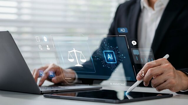 AI legal assistant interface on tablet with scales of justice and cpu chip man using stylus.