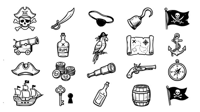 Hand drawn pirate sea bandit icons eyepatch cutlass hook cannon rum bottle parrot map, black ink sketch vector illustration