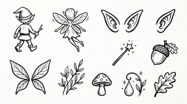 Hand drawn elf fairy icons pointy ear wing wand acorn mushroom dewdrop leaf, black ink sketch vector illustration
