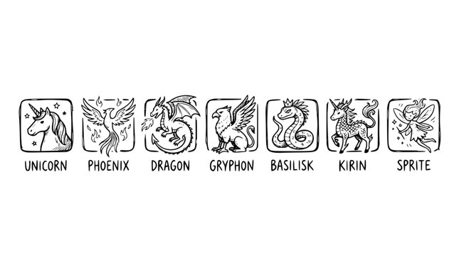 Hand drawn magical creature icons unicorn phoenix dragon gryphon basilisk kirin sprite, black ink sketch vector illustration
