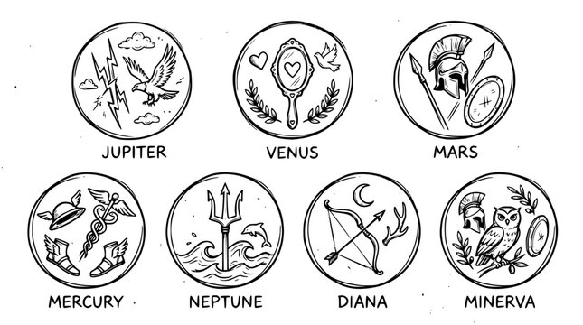 Hand drawn roman mythology icons jupiter venus mars mercury neptune diana minerva, black ink sketch vector illustration
