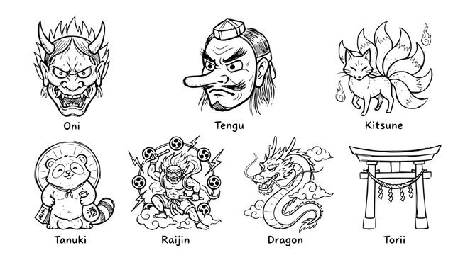 Hand drawn japanese mythology icons oni tengu kitsune tanuki raijin dragon torii, black ink sketch vector illustration
