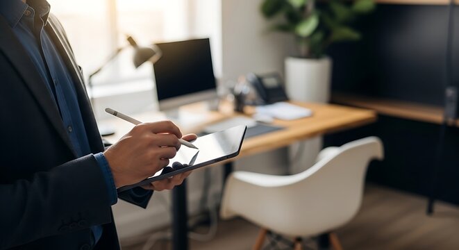 A professional in a dark suit uses a stylus on a tablet at a modern office desk