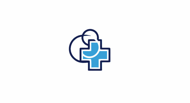Minimalist medical cross logo icon with blue gradient and circular loop element on white background.
