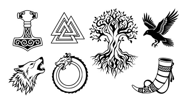 Hand drawn norse mythology icons yggdrasil mjolnir valknut raven wolf serpent horn, black ink sketch vector illustration
