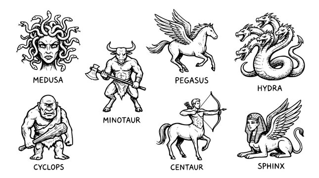 Hand drawn greek mythology icons medusa pegasus minotaur hydra cyclops centaur sphinx, black ink sketch vector illustration