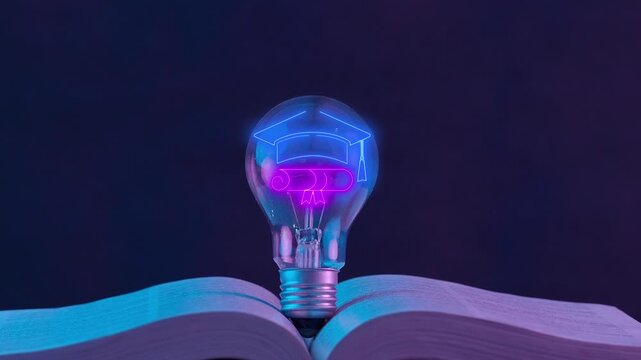 Glowing graduation cap lightbulb icon on open book. Smart education, e-learning and academic knowledge base concept.