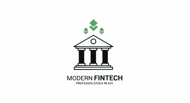 Minimalist modern fintech logo design featuring a classic bank building icon with digital currency symbols.