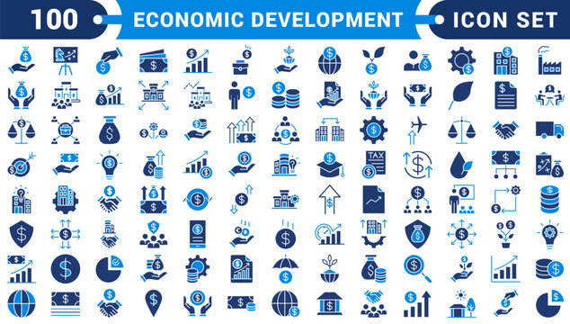 Economic development icon set collection in flat style. Icon pack contains finance, growth, investment, income, wealth, industry, trade, employment, innovation, productivity