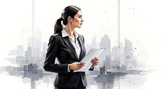 A professional woman in a suit, holding documents, gazing at a city skyline