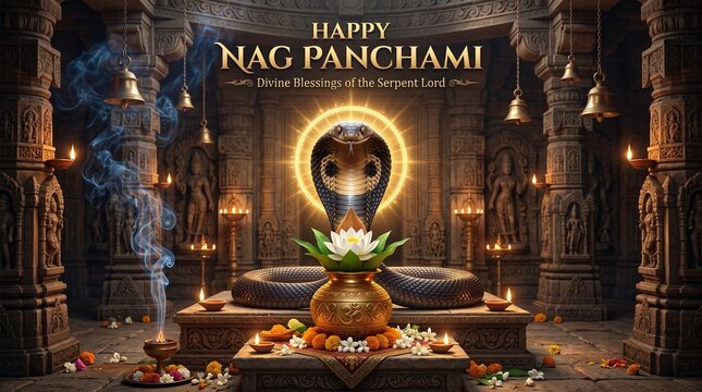 A green cobra coiled around a Shiva Lingam adorned with flowers and illuminated by diyas on a dark happy nag panchami happy nag panchami background with golden