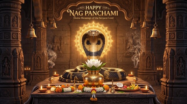 A green cobra coiled around a Shiva Lingam adorned with flowers and illuminated by diyas on a dark happy nag panchami happy nag panchami background with golden
