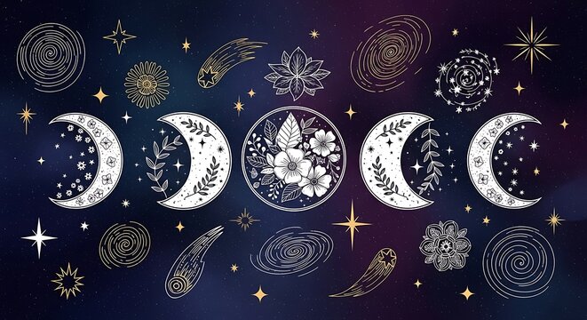 Decorative Moon Phase Illustration with Stars and Floral Celestial Motifs on Dark Space Background