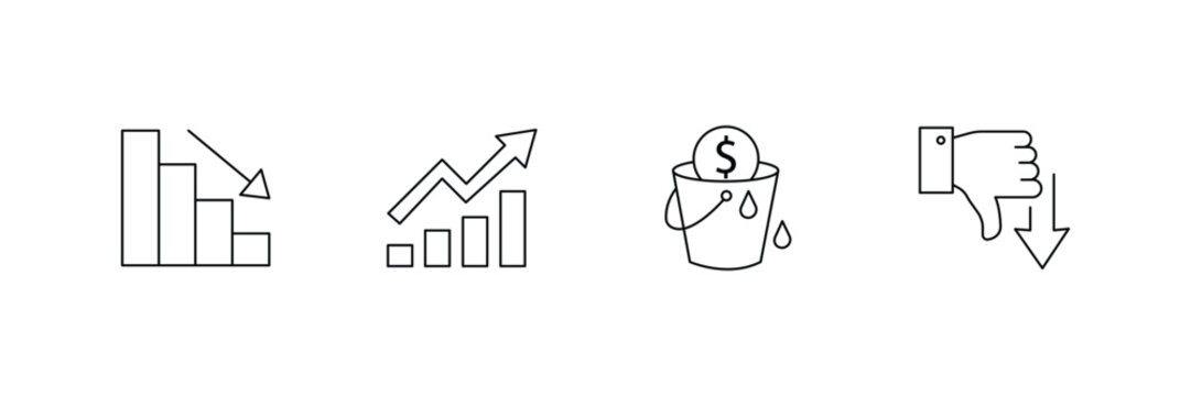 Financial growth and decline arrow icon set with minimal business progress chart vector illustration.