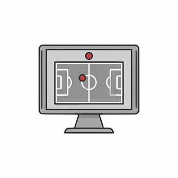 Monitor screen showcases a soccer field tactical layout to represent professional sports strategy sessions.