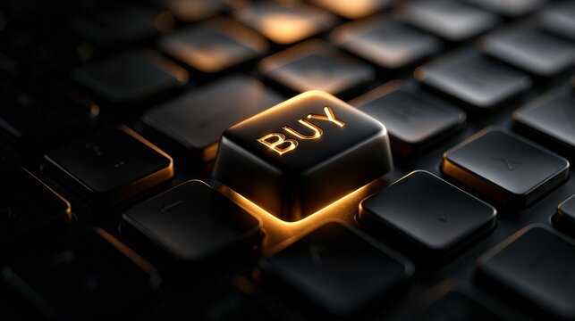 A black keyboard shows one glowing golden BUY key illuminated by dramatic light, highlighting the theme of online shopping in a digital environment.