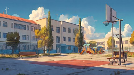 Obraz premium Modern schoolyard with basketball court, playground and school building exterior in sunny evening light