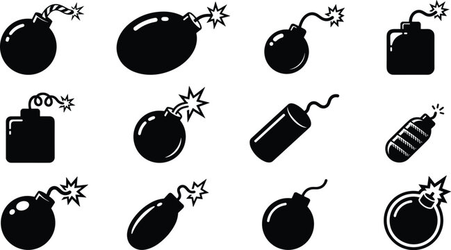 Collection of black bomb with burning fuses, various shapes of explosive devices, set