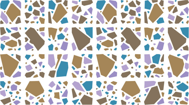 Geometric terrazzo pattern with angular stone shapes in blue, brown, and lavender on white background