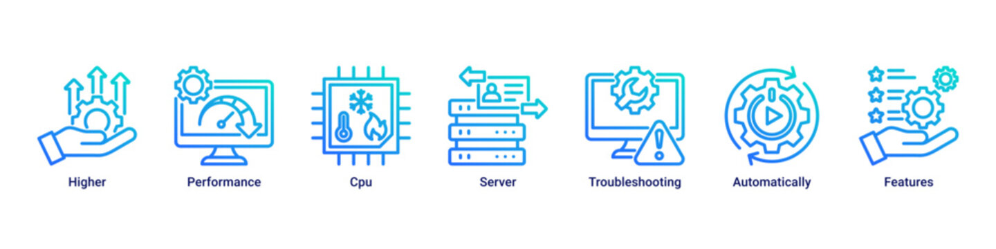 Performance System web banner icon vector illustration with icons of Higher, Performance, Cpu, Server, Troubleshooting, Automatically and Features