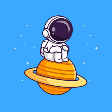 Cute Astronaut Sitting On Planet Cartoon