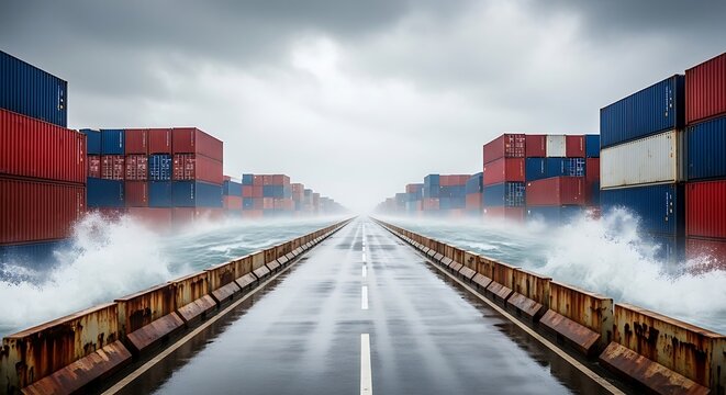 A road stretches through ocean waves between rows of colorful shipping containers under a stormy sky