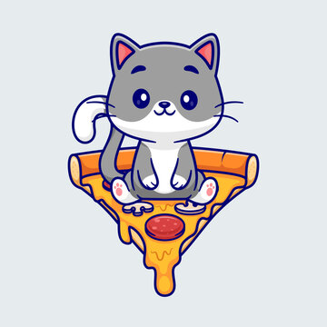 Cute Cat Sitting On Pizza Cartoon 