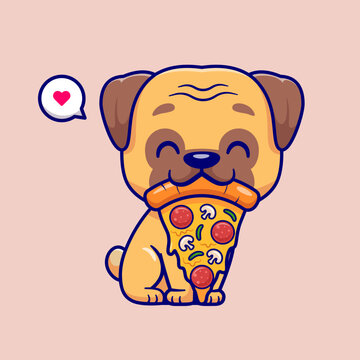 Cute Pug Dog Eating Pizza Cartoon