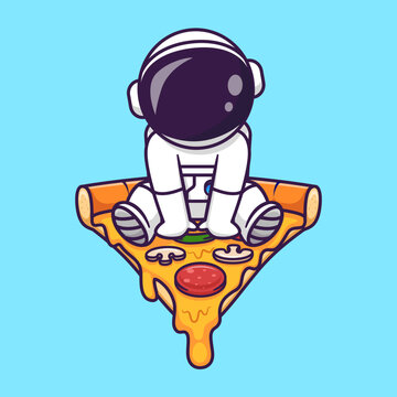 Cute Astronaut Sitting on Pizza Cartoon
