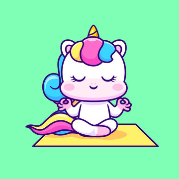 Cute Unicorn Meditation Yoga Cartoon 