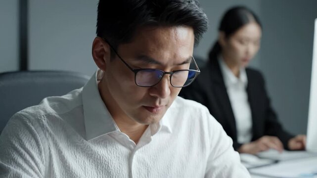 Asian businessman wearing glasses focused on computer work in modern office with colleague in background