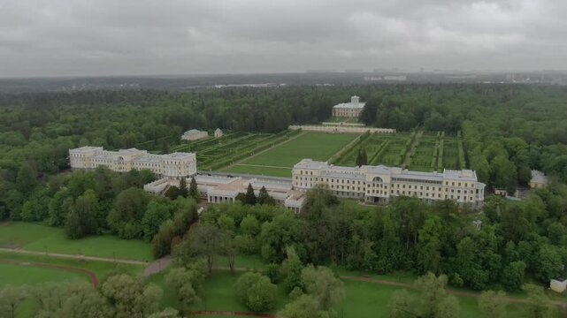 Drone circling palace complex and gardens