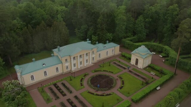 Drone forward downward over palace garden