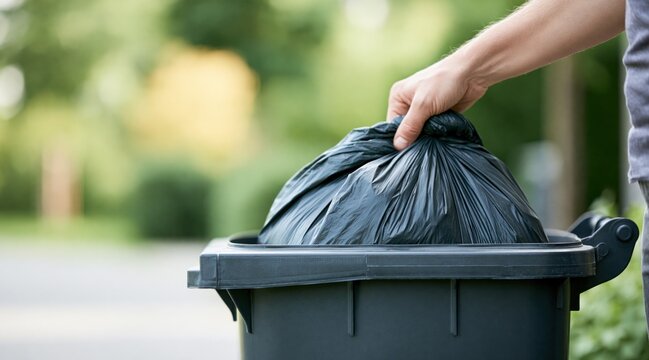 Close up of hand throwing black trash bag into plastic waste container