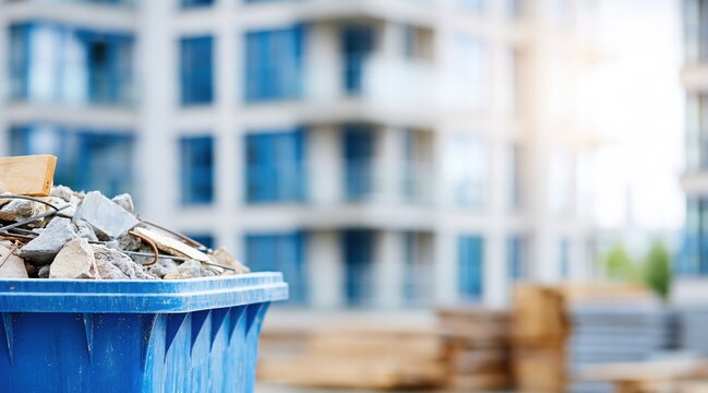 Blue skip bin filled with construction waste against blurred apartment building