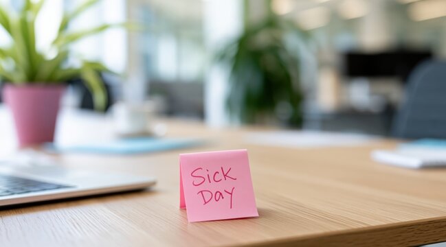 Pink sticky note with "sick day" text on wooden office desk
