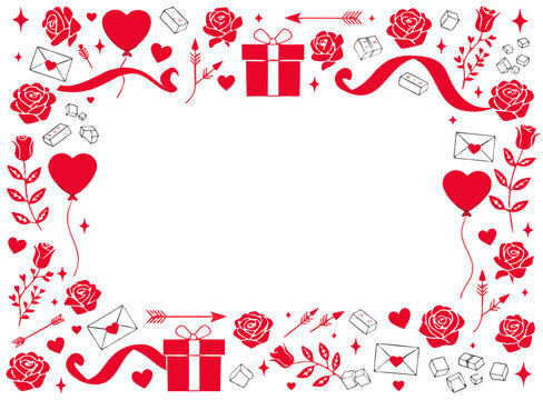 Red Valentine's Day frame with hearts, roses, balloons, and gifts on a white background, vector illustration