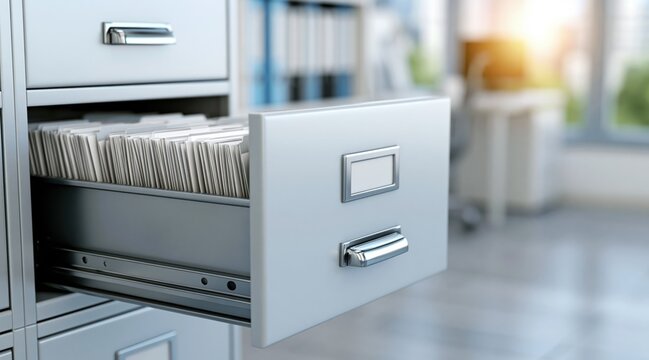 Open metal filing cabinet with folder in bright office