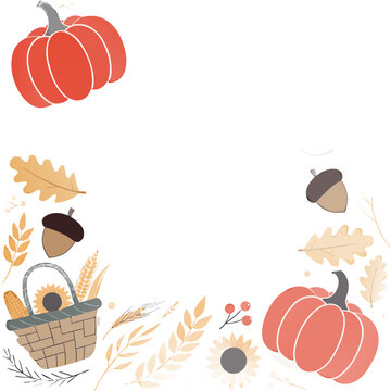 Delightful autumn harvest border illustration showcasing pumpkins, fallen leaves, acorns, and a cozy basket, perfect for seasonal designs, Thanksgiving, and fall-themed projects