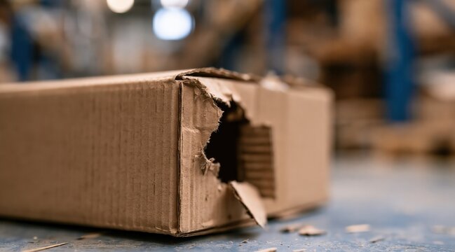 Damaged cardboard box with hole on floor of warehouse
