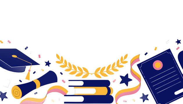 Vibrant illustration celebrating academic success and graduation, featuring a cap, diploma, books, and certificate alongside festive confetti and ribbons