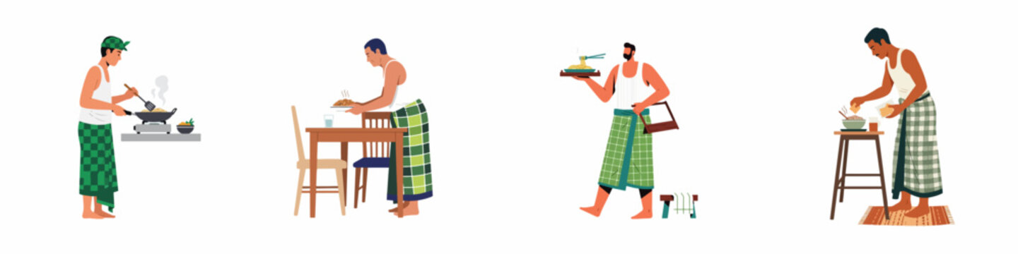 Illustration set of men in traditional sarongs engaged in various food-related activities, including cooking, serving, and preparing meals.