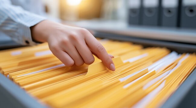 Hand searching for documents in yellow folders in file drawer